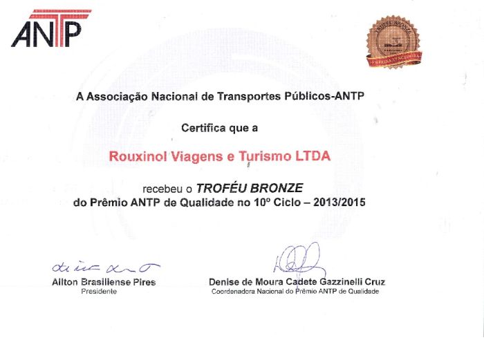 Certificado Prêmio ANTP de Qualidade – Ciclo 2013 / 2015 - CATEGORIA BRONZE
