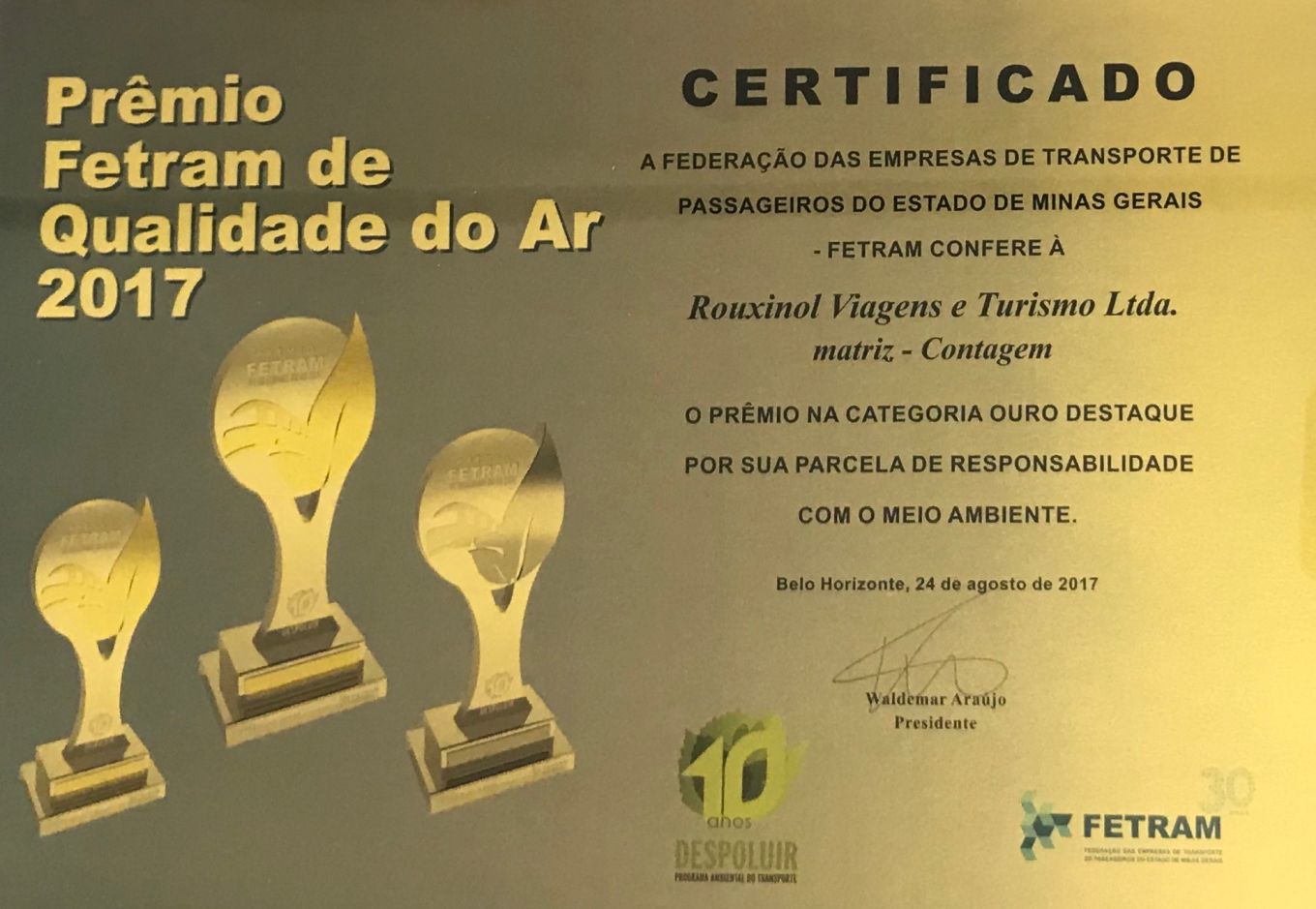 Prêmio FETRAM de Qualidade do ar 2017 – DESPOLUIR – Matriz-Contagem/MG